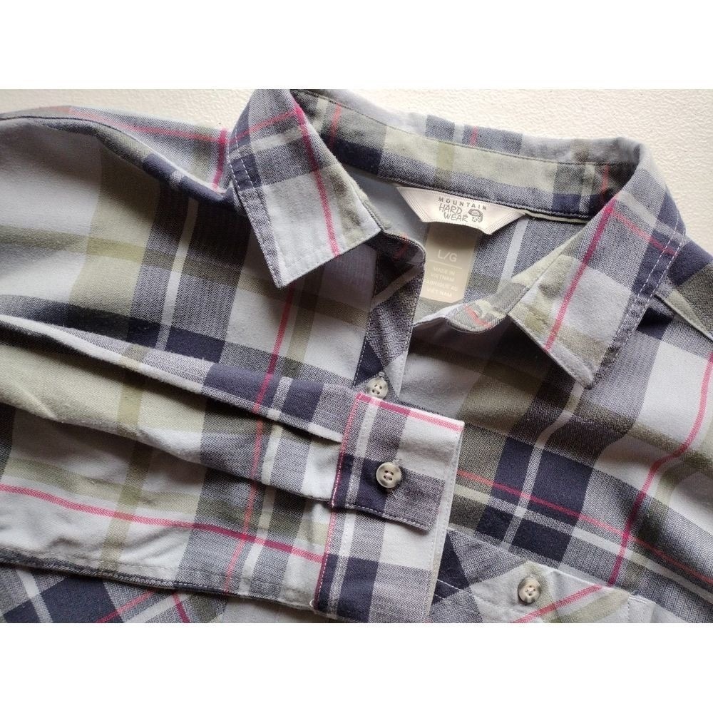 Mountain Hardwear Plaid Long Sleeve Button Up Shirt Womens L Green Gray Pink‎